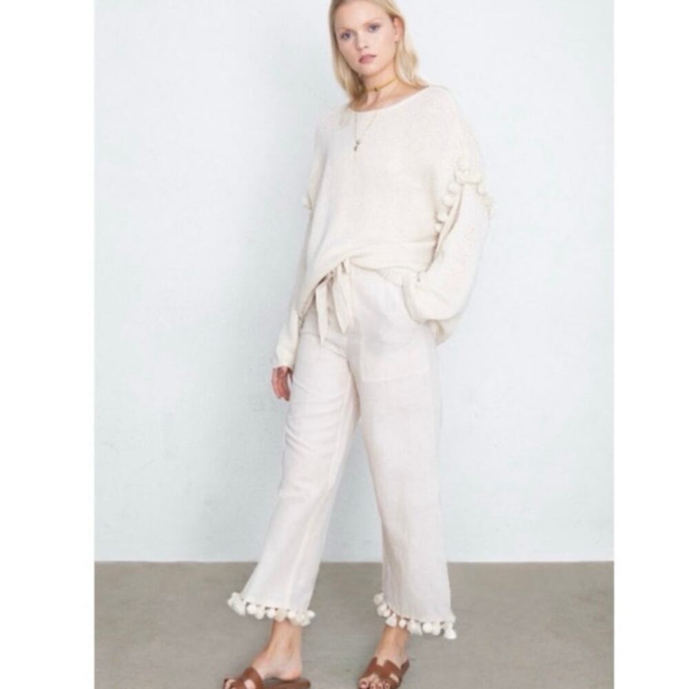 Chan Luu 100% Linen Tassel Tie Belted Cream Pink Lightweight Crop Pants, Small